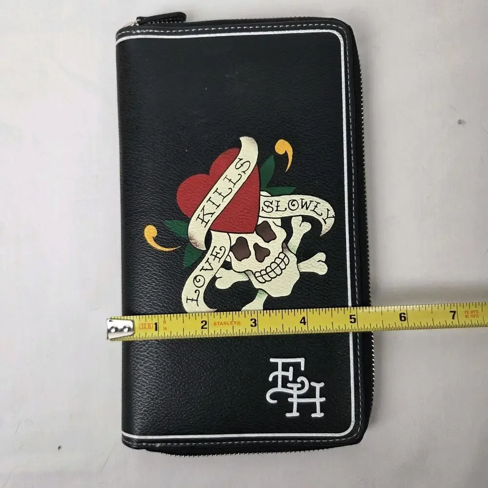 Ed Hardy Black Skull Love Kills Slowly Wallet Zip Around Card Holder Pocket Book
